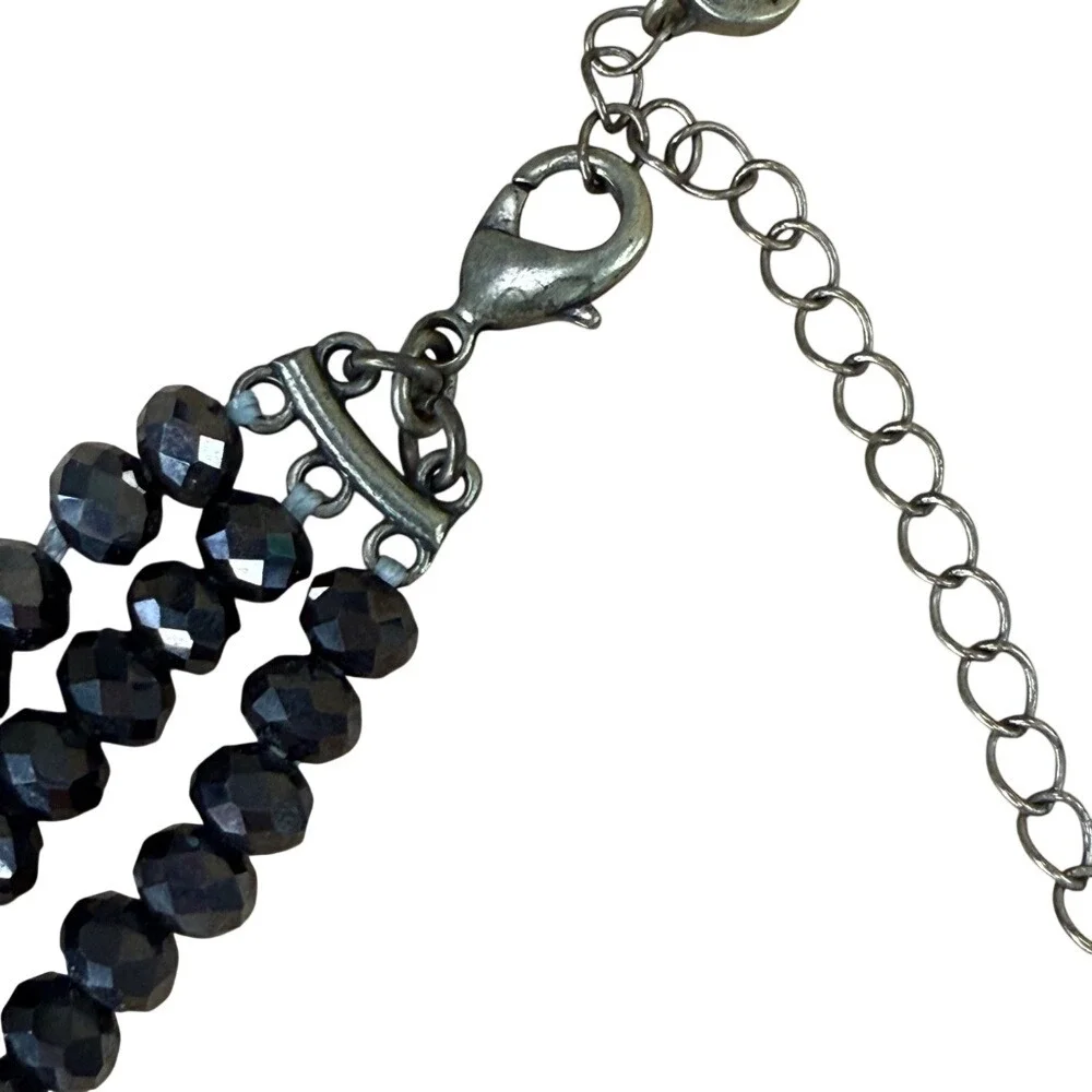 LOFT‎ Statement Necklace Black Silver Multi Strand Rhinestone Crystal Bib